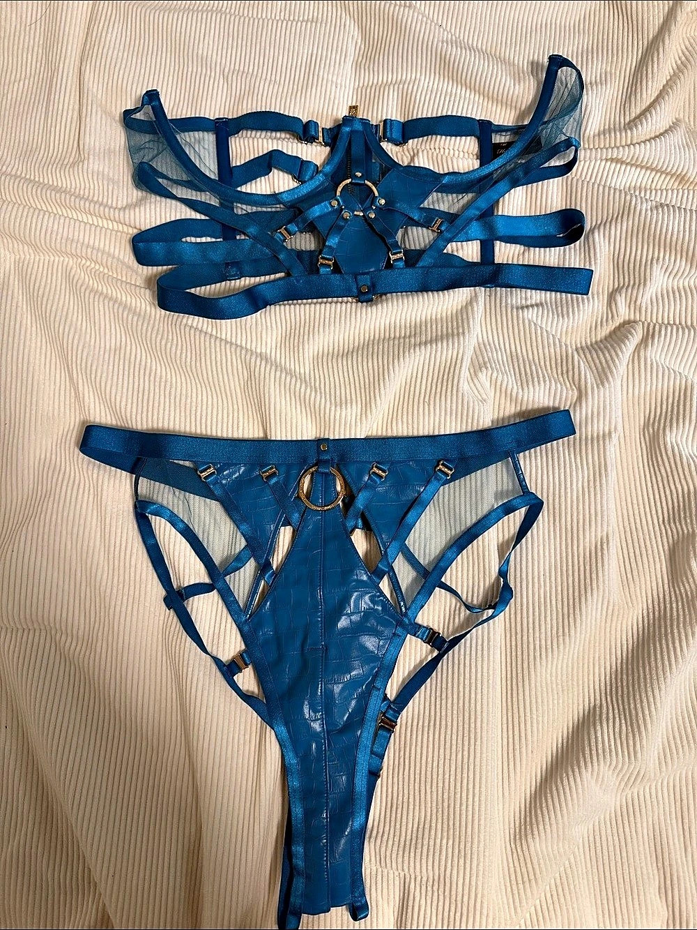 Honey Birdette Blue Lace-Up Lingerie Set 38C Large Like New